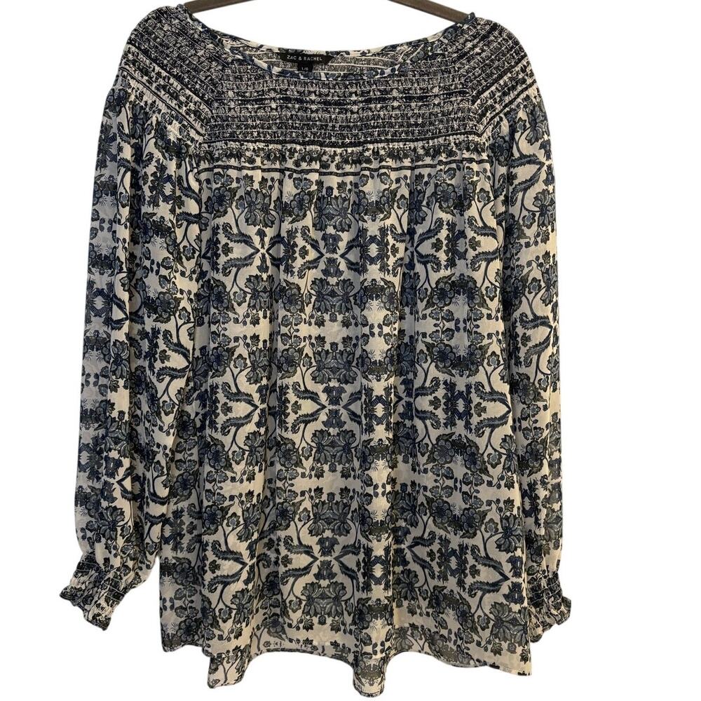 Zac & Rachel Blue White Floral Smocked Peasant Blouse Boho Long Sleeve Large